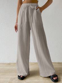 SHEIN EZwear 夏季纯色纹理褶皱面料宽松抽绳腰系带纯棉休闲度假阔腿裤，加大码 - 灰色 - 查看 3