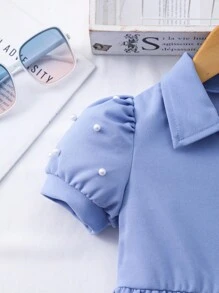 Elladie kids 年轻女孩纯色领泡泡袖开衫夏季可爱连衣裙配迷你包 - 淺藍色 - 查看 9