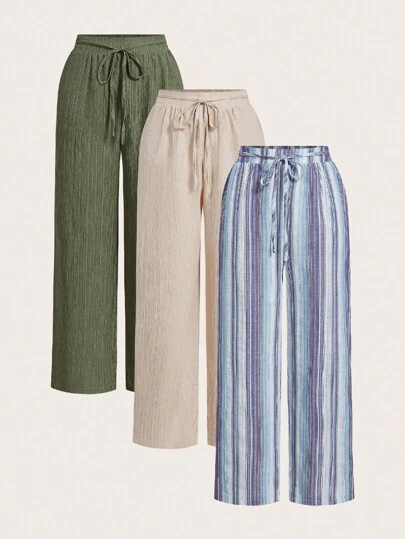 SHEIN Essnce 3 件套女士休闲腰带口袋直筒裤套装，适合夏季，条纹面料