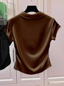 Franclia Women's Casual Solid Color Satin Shiny T-Shirt Maillard Style Summer Brown Clothes For University - Brown - View 2