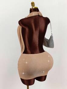 Amplova Sexy Kleid mit tiefem Ausschnitt und rückenfreiem Trägerkragen für Damen in Große Größen - Gold - Übersicht 5