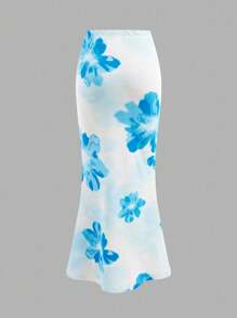 SHEIN 青少年女孩蓝色休闲花卉印花长袖锁眼腰部褶饰紧身连衣裙（含短裙）两件套 - 藍色 - 查看 7