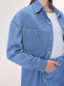 Selenza 女式落肩长袖单排扣口袋休闲牛仔衬衫 - 中等水洗藍 - 查看 12