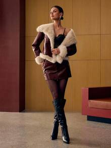 MOTF PREMIUM WATERFALL COLLAR FAUX FUR COAT - Burgundy - View 5