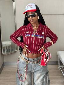 Coolane Women's Fall Concert Rave Festival Going Out Streetwear Y2K Vintage Graphics Burgundy Lapel Long Sleeve Tees Striped Crop Top Christmas - Burgundy - View 4