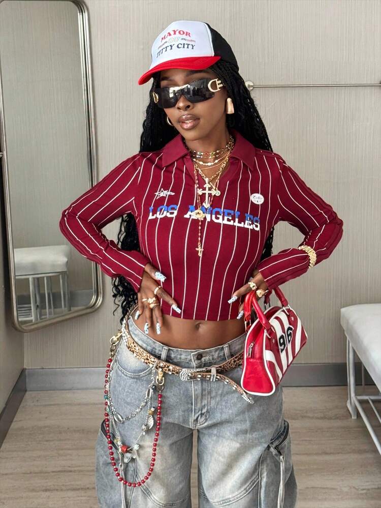 Coolane 女士秋季音乐会狂欢节外出街头服饰 Y2K 复古图案酒红色翻领长袖 T 恤 - 酒紅色 - 查看 4