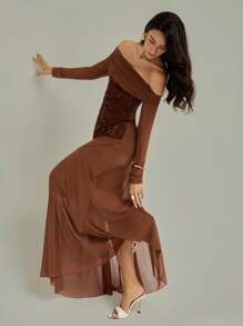 Modelyn 女士纯色刺绣露肩优雅中长连衣裙，时尚、休闲、优雅的女士秋季连衣裙，适合派对、生日和晚会，万圣节服装，以及适合妈妈的连衣裙。时尚、优雅的女士亮片印花植绒面料和弹力面料连衣裙。 - 棕色 - 查看 2