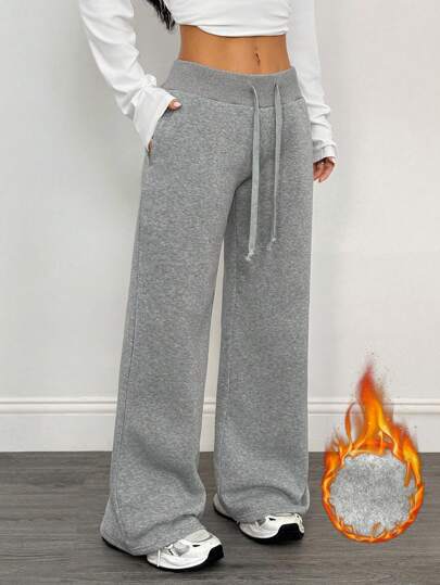 SHEIN PETITE Casual Plain Knitted Low Waist Wide Leg Women's Sports Pants With Fleece For Warmth In Autumn Winter Sweatpants Flare Petite Gym Grey