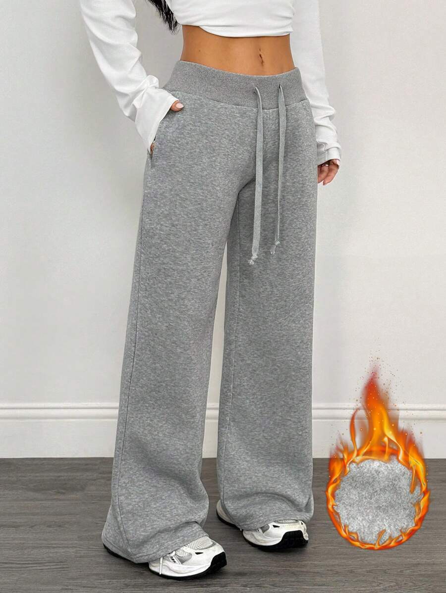 SHEIN PETITE Comfortable And Casual Plain Knitted Low Waist Wide Leg Women's Sports Pants With Fleece For Warmth In Autumn And Winter Winter Sweatpants Wide Leg Sweatpants Fleece Sweatpants Flare Sweatpants Sweatpants For Women - Grey - View 1