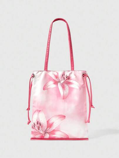 Fairycore 1pc Pink Lily Flower Design Drawstring PU Tote Bag, Versatile Fashion Shoulder Bag, Suitable For Shopping, Party, School, Commute