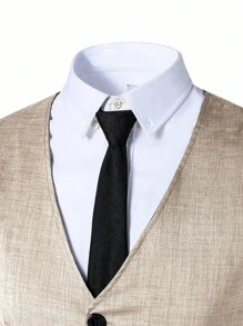 SHEIN 2 件套青少年男孩绅士装，包括灰色修身背心 + 休闲长裤，优雅正式服装，适合生日、婚礼、毕业典礼、派对、婚礼嘉宾、花童、戒指男孩 - 卡其色 - 查看 4