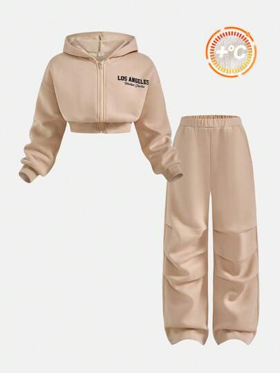 SHEIN 2 件套青少年女孩套装、少女服装套装、女童服装、学校上衣、女童校服、学校上衣、拉链夹克、秋季套装、喇叭牛仔裤、Y2k 上衣、卡其裤