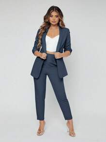 EURMUSE Spring Black Elegant Green Fruit Collar Cardigan Blazer And Trouser Suit - Dark Grey - View 3