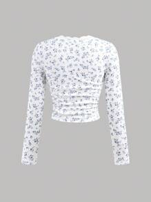 SHEIN 青少年女孩长袖碎花 T 恤，休闲日常穿着，蕾丝边，拼布碎花，U 领，褶饰，修身短款针织罗纹 T 恤，秋冬 - 白色 - 查看 2