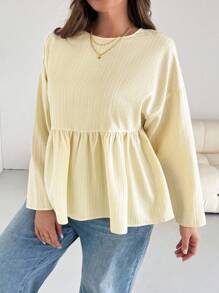 SHEIN Essnce Plus Size Women's Spring And Autumn Fashion Casual Loose Comfortable Daily Texture Fabric Light Yellow Long Sleeve Ruffle Shirt,Curve Cute Tops,Women Blouse,Butter Yellow,Fall Outfits,Back To School - Yellow - View 2