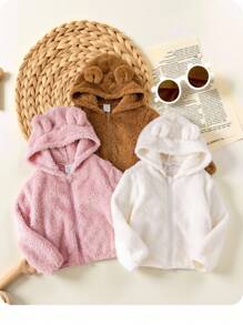 SHEIN 3pcs/Set Baby Girl Warm Plush Zip-Up Hooded Jacket, Autumn/Winter Baby Bear Jacket Baby Girl Teddy Jacket Baby Hooded Jacket Baby Girl Fleece Jacket Baby Warm Winter Jacket Fall - Multicolor - View 8