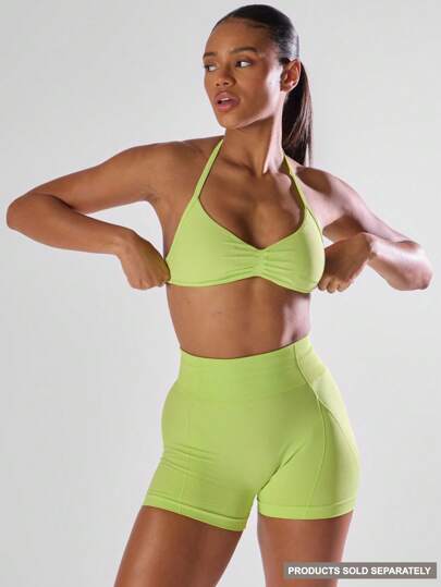 Musera Sport Solid Ruched Bust Open Back Halter Sports Bra, Active Comfy Workout Gym Running Gym Fitness Yoga Pilates Daily Casual