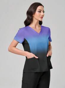 TaskEZ 渐变色 V 领短袖口袋上衣和裤子手术服套装 - 彩色 - 查看 6