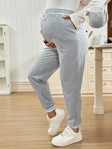 SHEIN Casual Fashion Versatile Simple Comfortable Drawstring Loose Maternity Sweatpants - Light Grey - View 1