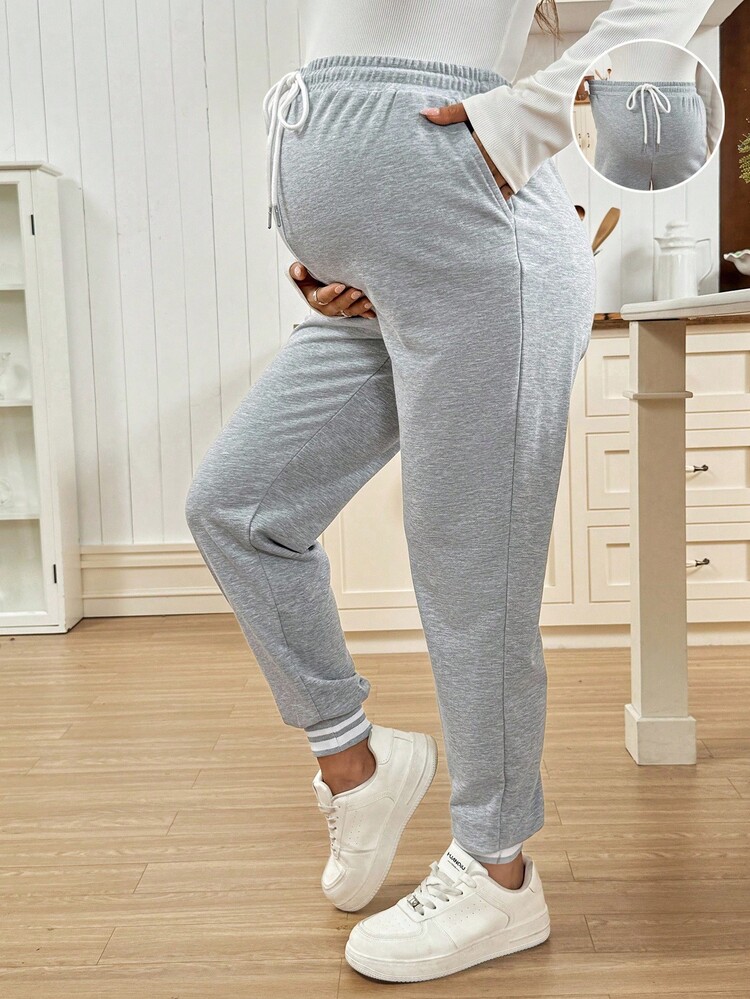 SHEIN Pantalones de chándal holgados y cómodos con cordón, versátiles y casuales para maternidad - Gris Claro - Añade 1