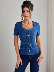 Elenzga Summer Casual Washed Denim Short Sleeve Slim Fit Jacket - Dark Wash - View 4