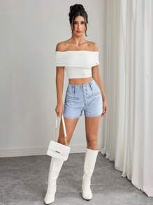 Elenzga 女式条纹纽扣高腰牛仔短裤 - 淺色水洗藍 - 查看 5