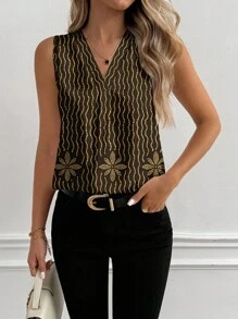 Glamance BiGraphic Women's Contrast Color Print V-Neck Sleeveless Blouse - Black and Gold - View 4