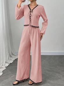 Firerie 女士米色法式灯笼袖荷叶边蝴蝶结衬衫和松紧腰裤套装，长袖长裤套装，休闲度假装 - 藕粉色 - 查看 4