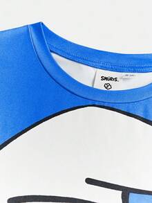 SHEIN X The Smurfs 2pcs Tween Boy Cartoon Sports Casual Blue Cute Cartoon Print Long Sleeve T-Shirt And Pants Pajama Set, Suitable For Autumn/Winter Fall