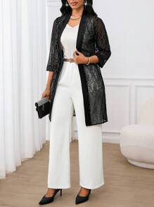 SHEIN Lady Women's Elegant Black Tea Party Cardigan,Shiny Shimmering Filigree Fabric Thin Midi Jacket,Lightweight Autumn Winter Clothes Casual Vacation Simple - White - View 3