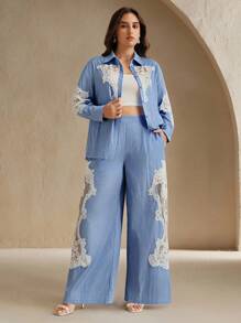 Anewsta New Arrival Hollow Pearl Plus Size 2 Pieces Set, Commuter Style - Baby Blue - View 1