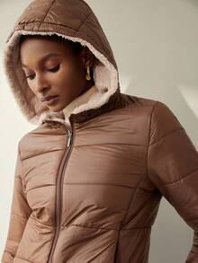 Aveloria Modichic Abrigo acolchado con capucha con cremallera y estampado de cuadros sencillo, ropa de invierno casual y versátil - Café integral - Ver 3