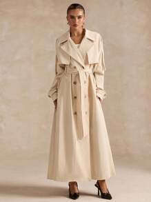 SHEIN BAE 女士纯色时尚双排扣翻领休闲夹克 - 杏色 - 查看 3