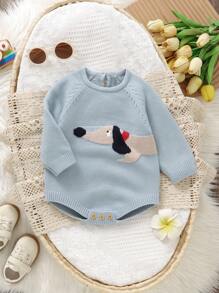 SHEIN 1 件蓝色男婴连体衣，可爱小狗提花图案，圆领长袖连体衣