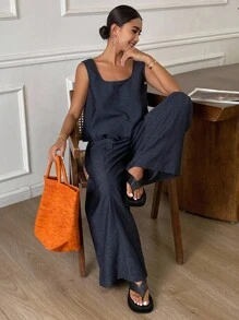 DAZY 2pcs Korean Style Vest & Wide Leg Pants Set, Elegant Lounge Sets For Women Short Sets For Women - Navy Blue - View 1