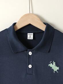 SHEIN Explorewe 青少年男孩马匹印花撞色 Polo 衫长袖休闲轻便日常秋冬装 - 彩色 - 查看 3