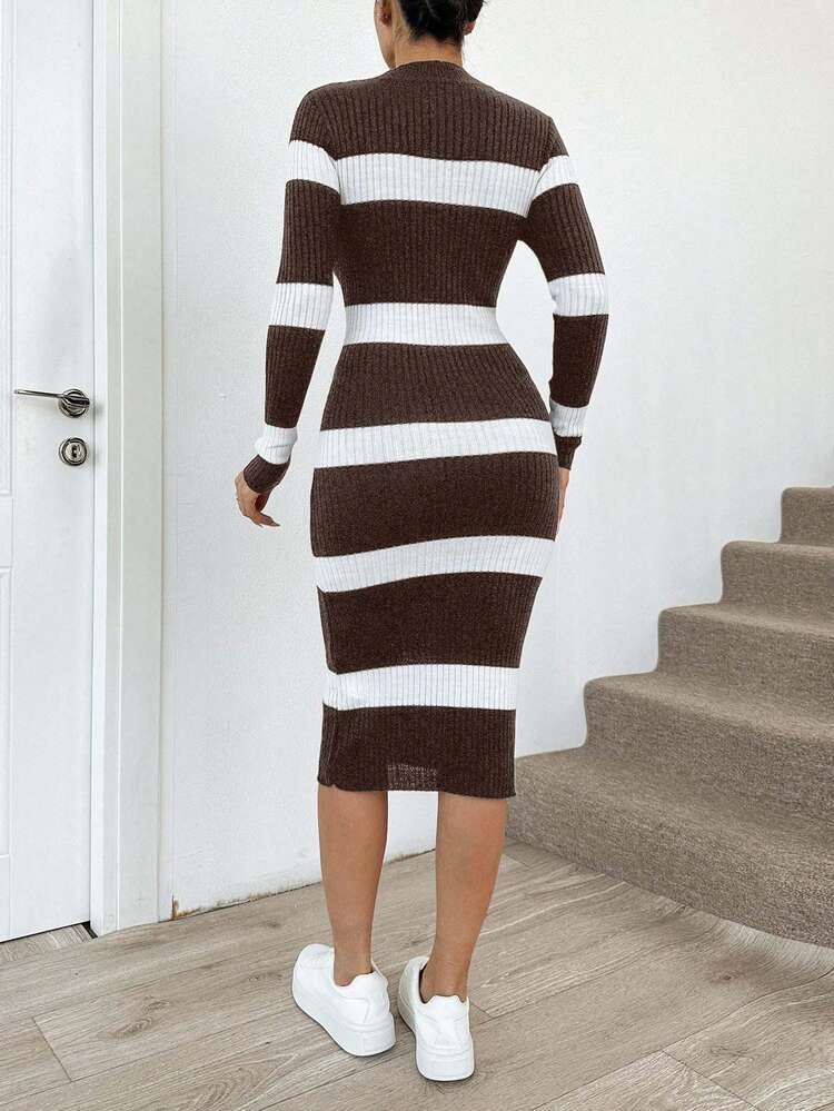 EURMUSE Women's Colorblock Long Sleeve Knit Sweater Dress,Winter Dresses - Brown - View 2