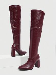 CUCCOO SZL بوت نسائية برقبة طويلة فوق الركبة، ذات كعب سميك مربع الأصبع، بلون بوردو، ذات طابع جريء وأنيق، عالية جداً - عنابي اللون - مشاهدة 8