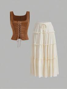 LanaWest Women's Spring/Summer Western Style Brown Suede Boho Deer Skin Tight Fit Cinched Waist Top Women's Spring/Summer Boho Vacation Apricot Textured Peach Blossom Ruffle Hem Wood Bead Decor Elastic Waist Skirt (With Lining) - Multicolor - View 3