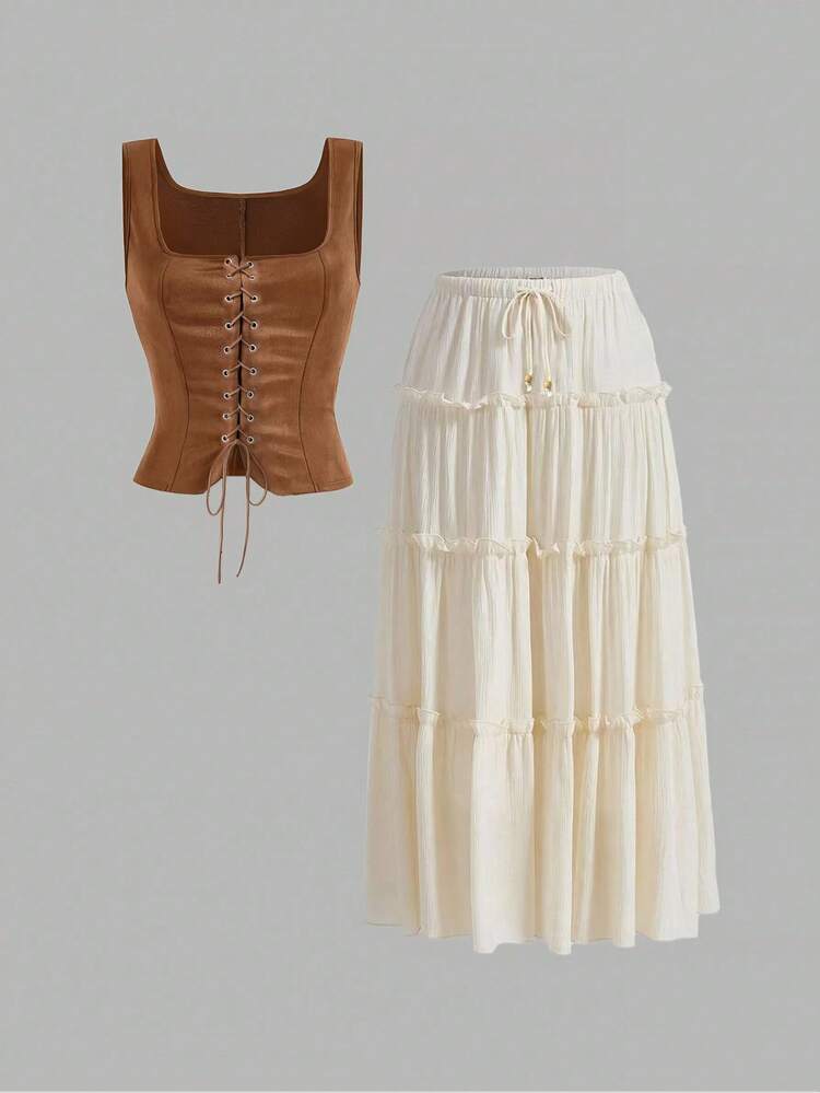 LanaWest 女式春夏西式棕色绒面波西米亚鹿皮紧身收腰上衣女式春夏波西米亚度假杏色纹理桃花荷叶边下摆木珠装饰松紧腰裙（带衬里） - 彩色 - 查看 3