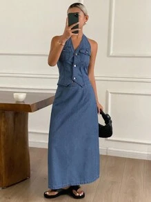 DAZY Conjunto de chaleco de escote en V y falda de mezclilla estilo occidental para mujer, para verano - Azul lavado oscuro - Ver 5