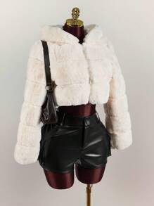 Amplova Women's Solid Color Cropped Hooded Faux Fur Jacket, Winter Faux Fur Coat,Fall - White - View 7