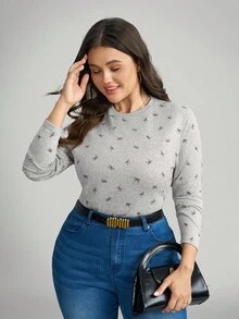 SHEIN LUNE 大码女式灰色蝴蝶结针织圆领T恤 - 灰色 - 查看 7