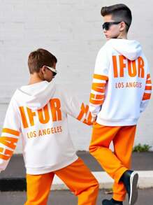 Tween Boy Casual Loose Letter Graphic Hoodie & Elastic Waist Pants Set,White Autumn Streetwear School Back-To-School 2pc Teen Boys Sweatsuit Joggers - Orange - View 1