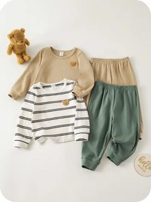 SHEIN 4件套婴儿/男女通用修身睡衣套装 - 长袖上衣和裤子，柔软针织条纹和纯色款，舒适百搭，适合室内/休闲穿着，春、夏、秋、冬四季皆宜。男婴服装，中性婴儿服装，男婴秋季服装