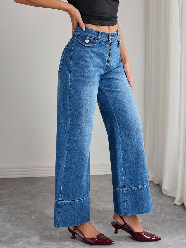 Elenzga Quần jeans ống rộng giặt thường ngày cho nữ - Màu xanh lam - Xem 7