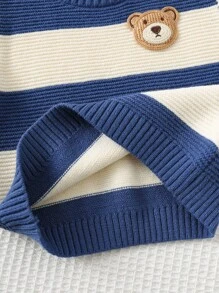 Cozy Pixies Baby Boy Cartoon Bear Striped Pattern Crew Neck Long Sleeve Sweater,In Fall/Winter