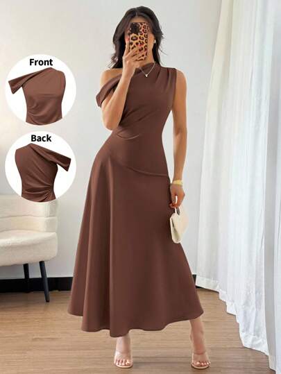 Elenzga Vestido largo formal y elegante para mujer, con hombro asimétrico, detalles plisados, corte evasé, cierre con cremallera, adecuado para Halloween, Navidad, Día Nacional, Fiesta de Año Nuevo, Ceremonia de Graduación, Boda, Color Marrón