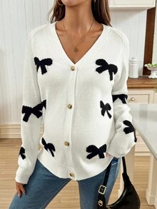SHEIN Pregnant Women's Contrast Color Bow Jacquard Raglan Sleeve Casual Cardigan