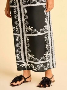 CAJUNI Plus Size Women's Vacation Casual Beach Spaghetti Strap Dress, Boho Vintage Print, Long Black Maxi Dress